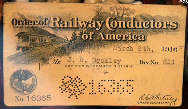 Order of Railway Conductors of America union card (1916) at Revelstoke Railway Museum. Revelstoke, BC.
