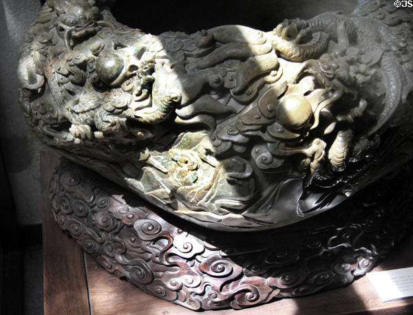 Five dragons carved on jade basin (2002) from China at Art Gallery of Greater Victoria. Victoria, BC.