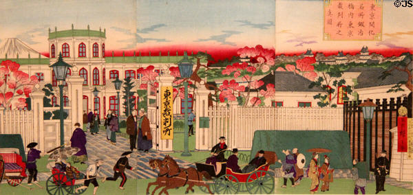 Scenic view of Tokyo with Court of Justice building ukiyo-e woodblock print (before 1894) by Utagawa Hiroshige III at Art Gallery of Greater Victoria. Victoria, BC.