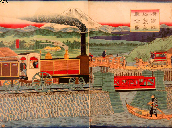 Steam Engine passing Mt. Fuji ukiyo-e woodblock print (before 1894) by Utagawa Hiroshige III at Art Gallery of Greater Victoria. Victoria, BC.