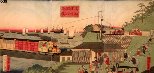 Tanakawa City, steam engine with telephone line & sailing ships ukiyo-e woodblock print (c1870s) by Shosai Ikkei at Art Gallery of Greater Victoria. Victoria, BC.
