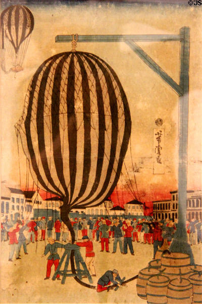 Hot air balloon ukiyo-e woodblock print (1850-80s) by Utagawa Yoshitora at Art Gallery of Greater Victoria. Victoria, BC.