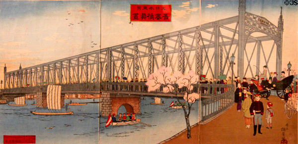 Opening of Azuma Bridge in Tokyo ukiyo-e woodblock print (1887) by Inoue Yasuji at Art Gallery of Greater Victoria. Victoria, BC.