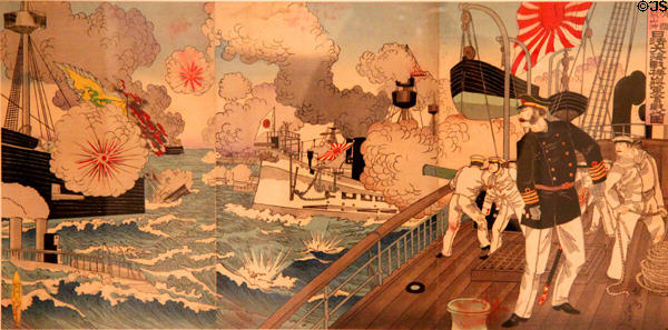 Great Naval Battle off Takushan under Admiral Kabayama ukiyo-e woodblock print (c1895) by Hashimoto Chikanobu at Art Gallery of Greater Victoria. Victoria, BC.