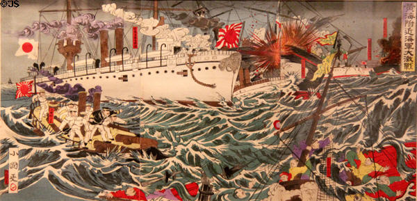 Naval battle of Yellow Sea during Sino Japanese War ukiyo-e woodblock print (c1895) by Utagawa (Takeuchi) Kokunimasa at Art Gallery of Greater Victoria. Victoria, BC.