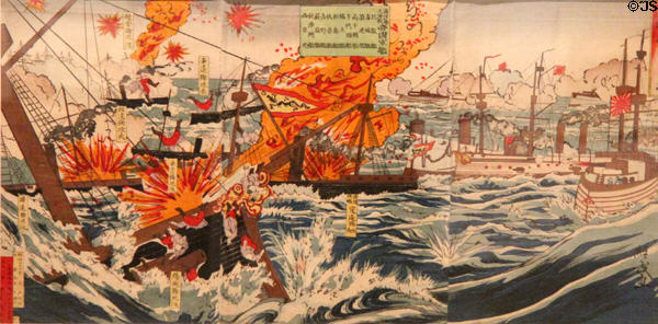 Naval battle during Sino Japanese War ukiyo-e woodblock print (c1895) by unknown at Art Gallery of Greater Victoria. Victoria, BC.