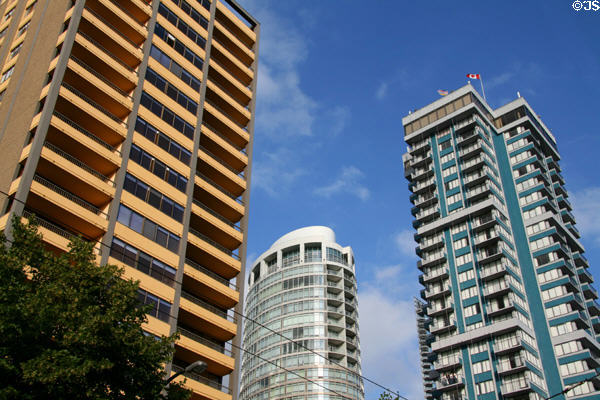 Pacific Palisades Hotel (1966) (20 floors), The Palisades & Blue Horizon Hotel (1967) (30 floors) along Robson St. Vancouver, BC.