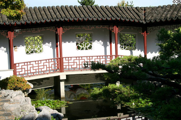 Chinese walkway foot bridge in gardens of Dr. Sun Yat-Sen Chinese Garden. Vancouver, BC.