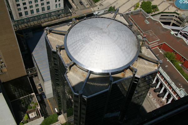 Metallic roof-dome of Grant Thornton Place from Harbour Centre observation deck. Vancouver, BC.
