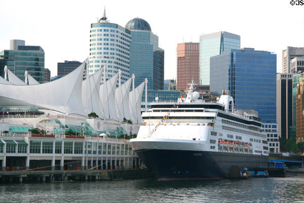 Veendam cruise ship at Canada Place seen from harbour. Vancouver, BC.