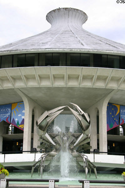 Cast concrete HR MacMillan Space Centre & Vancouver Museum with Crab sculpture. Vancouver, BC.