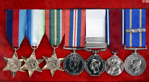 Service medals of Henry Larsen including Arctic (hexagon) at Vancouver Maritime Museum. Vancouver, BC.
