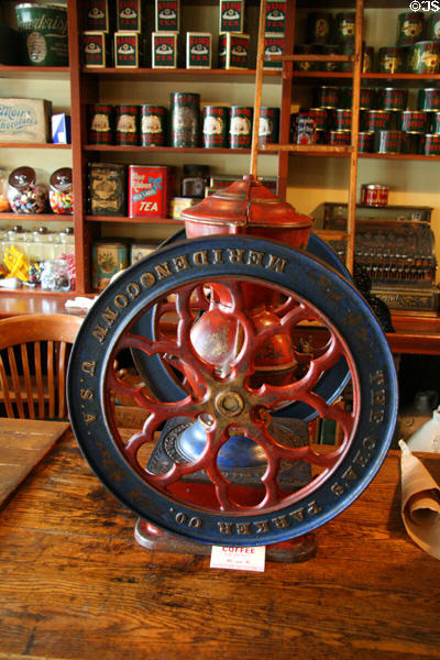 Charles Parker coffee grinder in heritage general store at Burnaby Village Museum. Burnaby, BC.