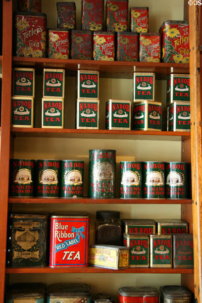 Antique tea cans in heritage general store at Burnaby Village Museum. Burnaby, BC.