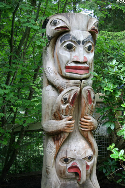 Modern Tlingit totem poles (1990s) by James Lewis & Wayne Carlick at Capilano Suspension Bridge. Vancouver, BC.