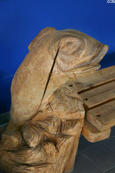 Carved fish bench at Westminster Quay Public Market. New Westminster, BC.