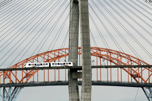 SkyTrain crosses transit bridge over Fraser River. New Westminster, BC.