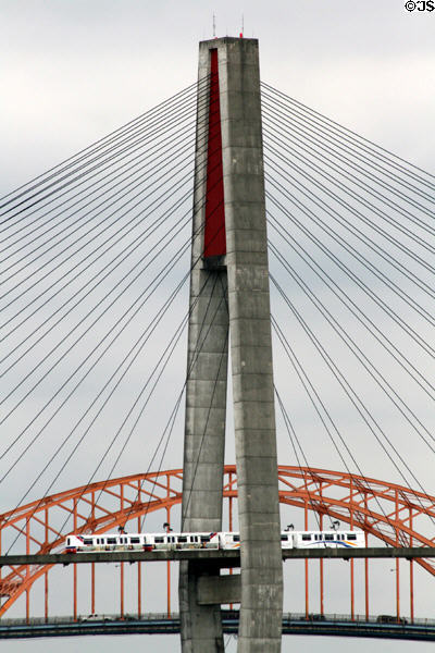 Pincer tower of SkyTrain transit bridge over Fraser River. New Westminster, BC.