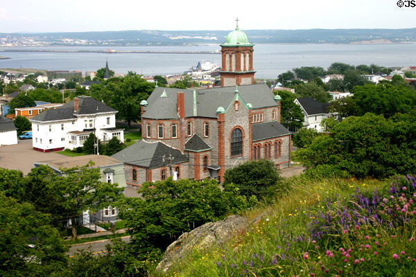 Our Lady of the Assumption Church (1907) from Carleton Martello Tower against Saint John Harbor. Saint John, NB. Style: Byzantine.