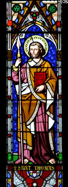 Stained glass St Thomas with spear & book in Christ Church Cathedral. Fredericton, NB.