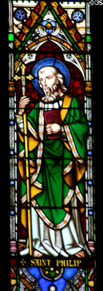 Stained glass St Philip with cross & book in Christ Church Cathedral. Fredericton, NB.