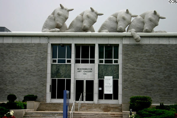 Four Horses (2003) by Max Streicher loom over Beaverbrook Art Gallery (1958). Fredericton, NB.