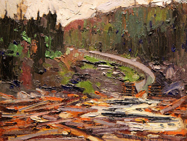 Log Flume in Autumn painting on board (1915) by Tom Thomson at McMichael Gallery. Kleinburg, ON.