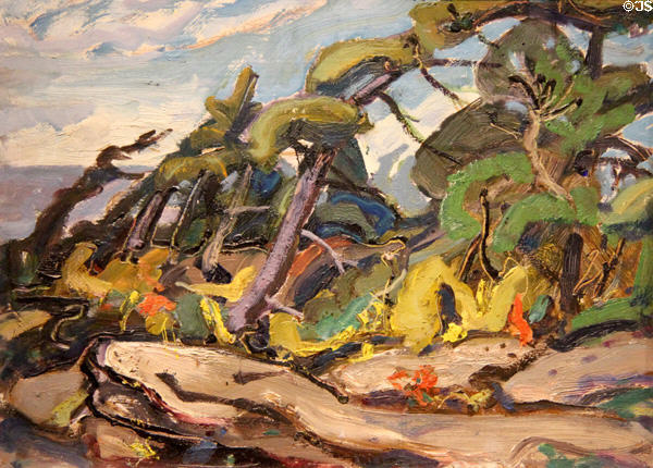 Pines & Brook, Georgian Bay painting on board (c1950) by Arthur Lismer at McMichael Gallery. Kleinburg, ON.
