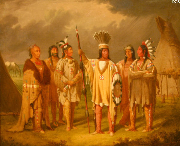 Big Snake, Chief of the Blackfoot, Recounting his war exploits to five subordinate chiefs (c1851-6) by Paul Kane at National Gallery of Canada. Ottawa, ON.