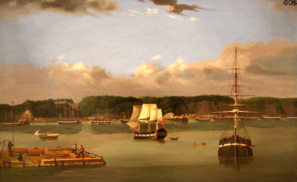 Timber & shipbuilding yards of Allan Gilmour & Co. at Wolfe's Cove Quebec seen from south painting (1840) by Robert C. Todd at National Gallery of Canada. Ottawa, ON.