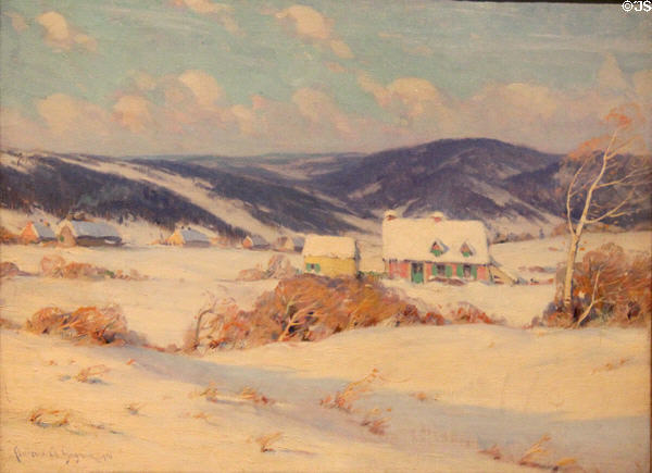 In the Laurentians, Winter painting (1910) by Clarence Gagnon of Montreal at National Gallery of Canada. Ottawa, ON.