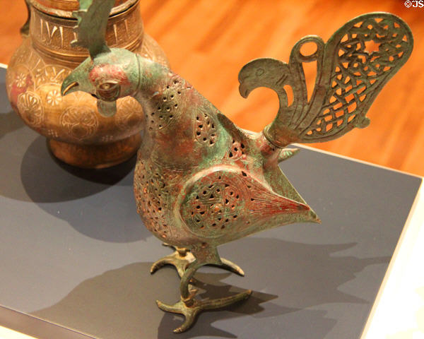 Eastern Iranian bronze inlaid with copper incense burner in shape of bird (11thC) at Aga Khan Museum. Toronto, ON.