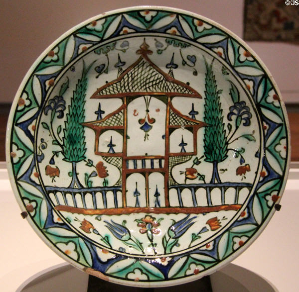 Fritware dish painted with oriental garden (17thC) from Iznik, Turkey at Aga Khan Museum. Toronto, ON.