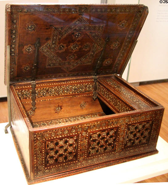 Inlaid wooden box (16thC) from Spain at Aga Khan Museum. Toronto, ON.