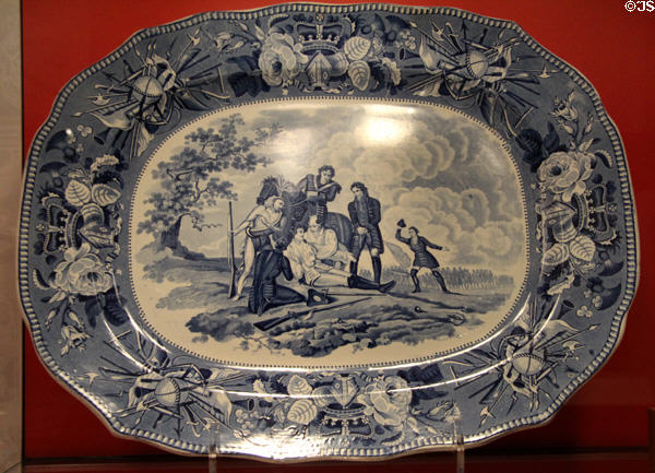 Earthenware platter with Death of General James Wolfe (c1826-8) by Hanley, Jones & Sons of England at Gardiner Museum. Toronto, ON.