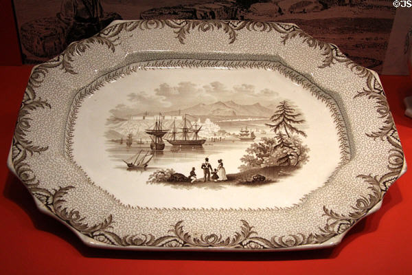Stoneware platter with view of Quebec City (c1834-59) by Podmore, Walker & Co of Tunstall, England at Gardiner Museum. Toronto, ON.
