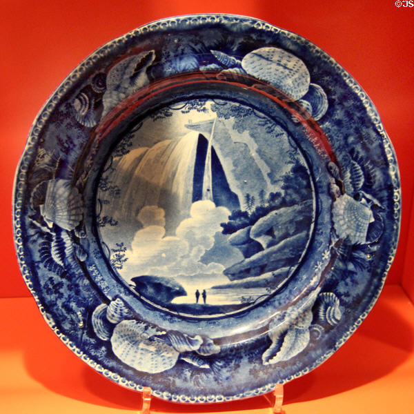 Earthenware transfer plate with Niagara Falls (c1830-40) by Enoch Wood & Sons of Burslem, England at Gardiner Museum. Toronto, ON.
