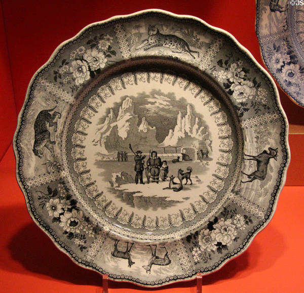 Earthenware transfer plate with Arctic scene (c1840) by unknown at Gardiner Museum. Toronto, ON.