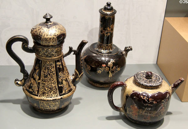 Meissen red stoneware coffee pot, ewer & teapot imitating oriental styles with newly perfected black glaze (c1711-13) all decorated by Martin Schnell at Gardiner Museum. Toronto, ON.