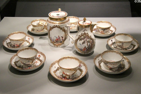 Meissen porcelain tea, coffee, chocolate service with underglaze European scenes (c1740) in private collection. ON.