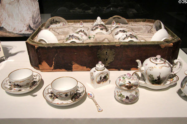 Meissen porcelain tea & chocolate service in original case (c1750-55) at Gardiner Museum. Toronto, ON.