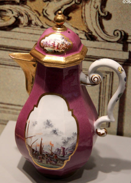 Meissen porcelain coffee pot decorated in violet with European scenes in white quatrefoils (c1735-40) at Gardiner Museum. Toronto, ON.