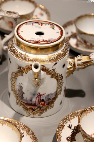Chocolate pot detail of Meissen porcelain tea, coffee, chocolate service decorated with Oriental scenes in white quatrefoils (c1740) in private collection. ON.