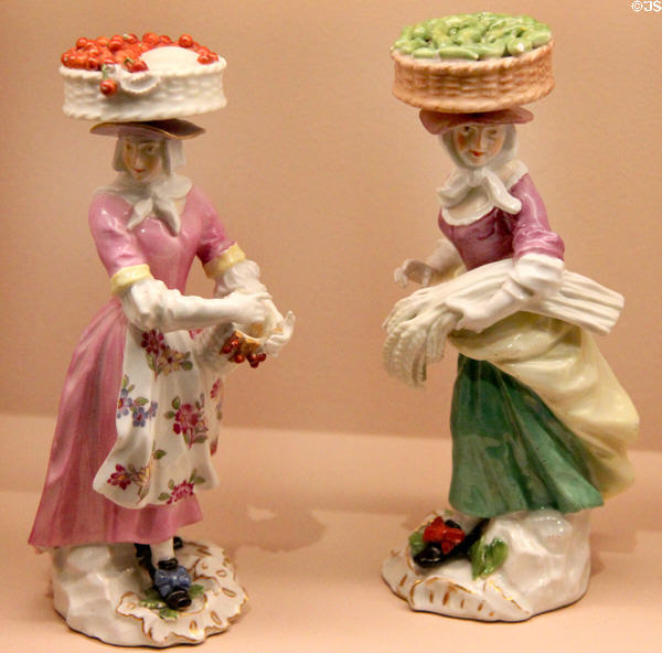 Meissen porcelain figurines of women selling cherries & cucumbers (c1750) modeled by Johann Joachim Kändler & Peter Reinicke in private collection. ON.