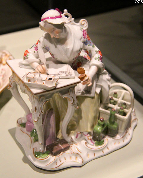 Meissen porcelain figurine of good housewife recording expenses (c1760) modeled by Johann Joachim Kändler in private collection. ON.