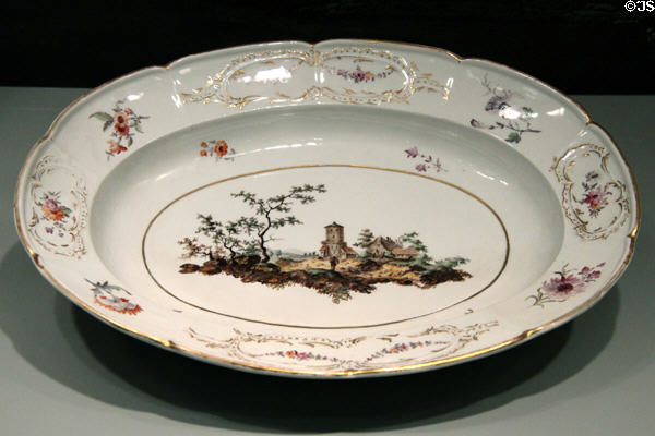 Porcelain platter with country castle scene (c1775) by Fürstenberg of Germany at Gardiner Museum. Toronto, ON.