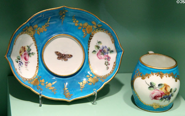 Porcelain bleu céleste mustard pot & stand (1754) by Royal Porcelain of Vincennes, France in private collection. ON.