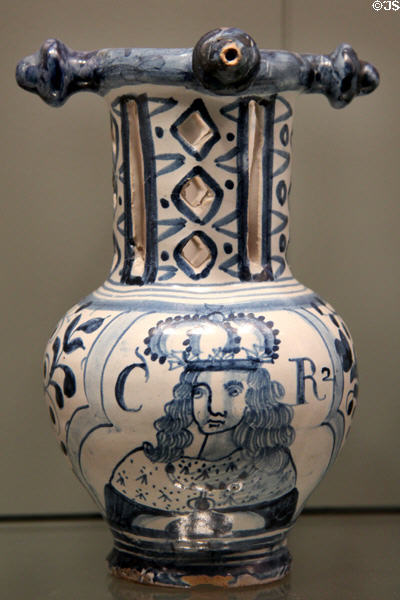 Puzzle jug commemorating Charles II of English delftware (1660-85) from Bristol or London at Gardiner Museum. Toronto, ON.