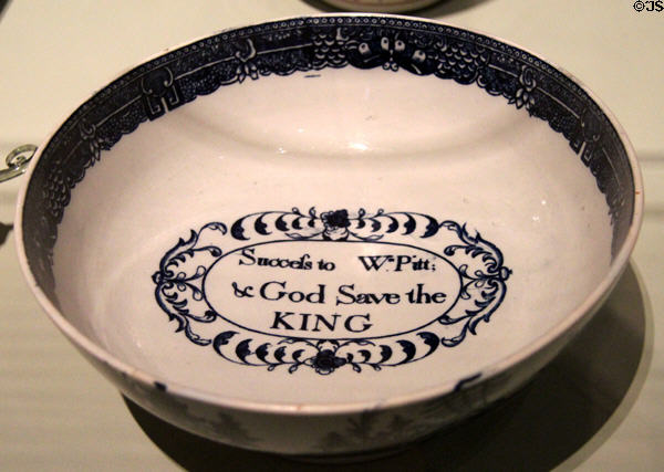 Pearlware transfer punch bowl with 'Success to Wm Pitt - God Save the King' (1738 or 1789) from Staffordshire, England at Gardiner Museum. Toronto, ON.