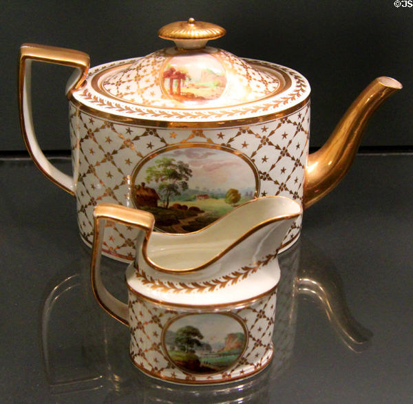 Bone china teapot & milk jug (pattern 150) (c1800-02) by Minton of Stoke-on-Trent, England at Gardiner Museum. Toronto, ON.